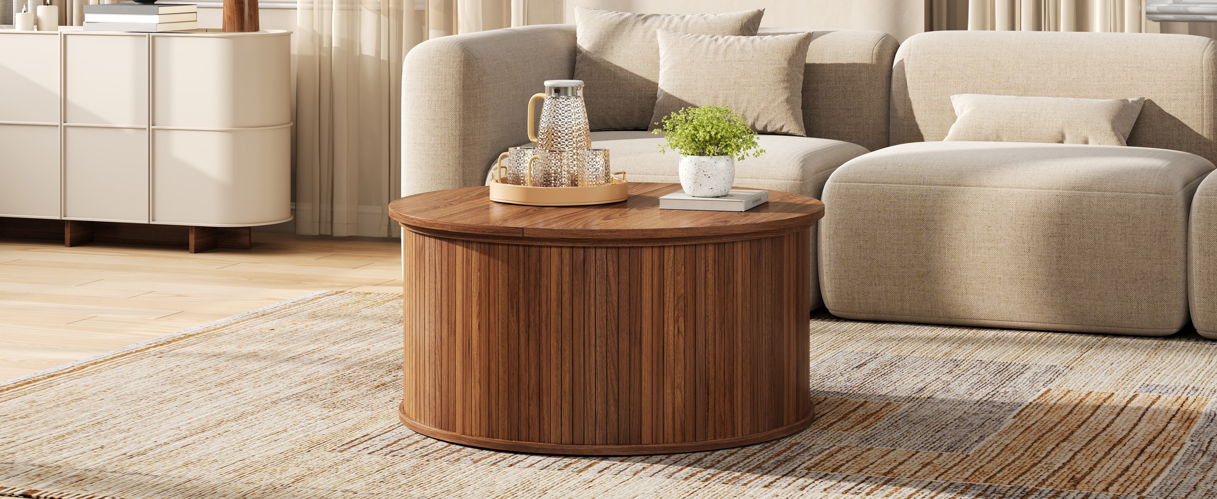 Table Basse Noyer, Rangement, Étagères Réglables, Plan Relevable, Design Moderne, Angles Arrondis - Panneau composite de fibres de bois à densité - 88x88x53.5cm - Salon 2