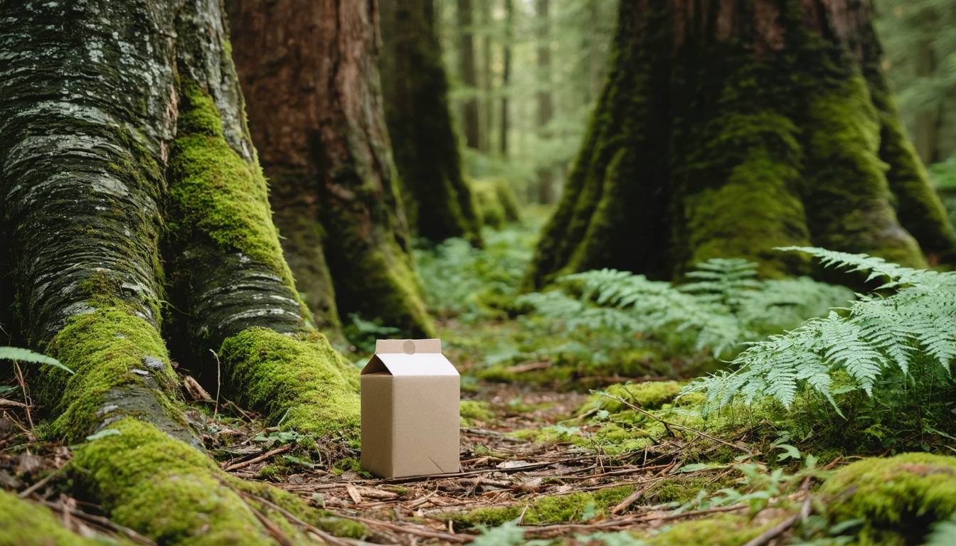 A single cardboard juice box resting on the mossy floor of a dense old-growth forest, dwarfed by ferns and towering cedar trunks.