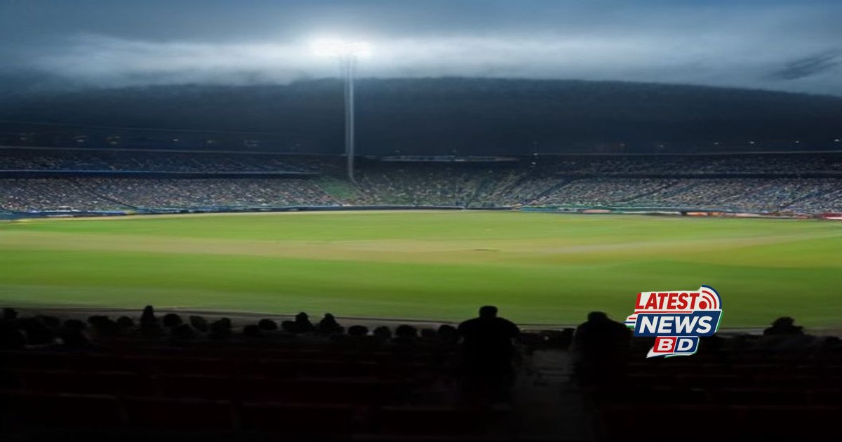 Cricket stadium scoreboard displaying Bangladesh flag and ICC Test ranking graphic with number six highlighted