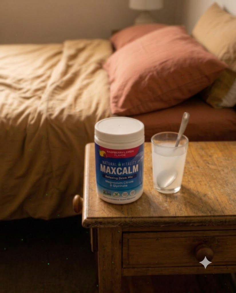MAXCALM junto a un vaso preparado sobre una mesa de noche