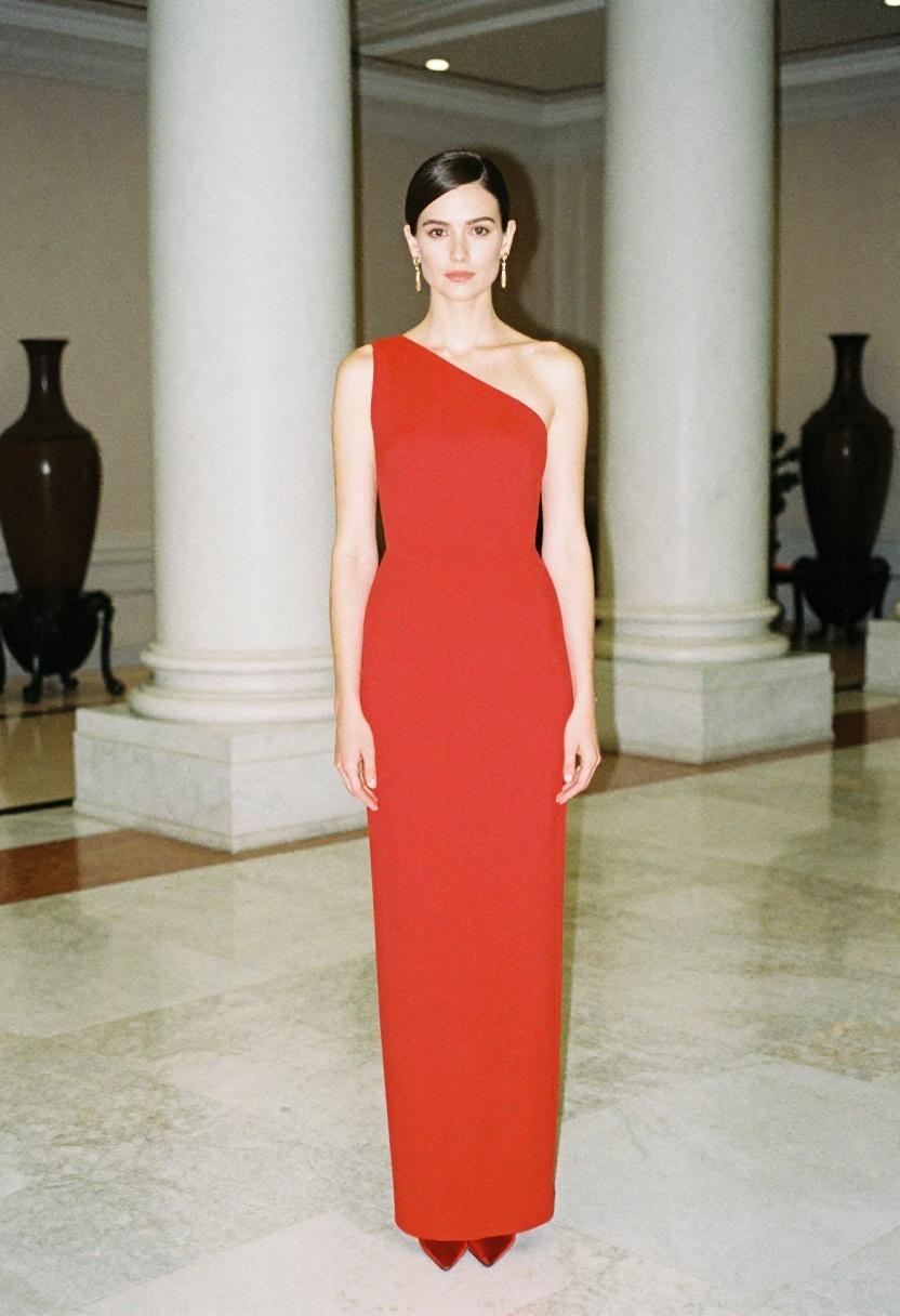 Crimson column gown with single shoulder strap for Oscars glamour at home