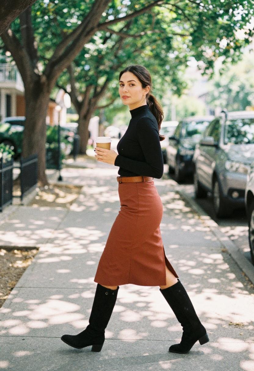 Terracotta midi skirt with tall black suede boots on sun-dappled sidewalk