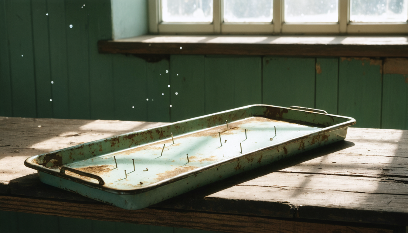 A worn enamel dissecting tray on a wooden schoolroom bench, empty pins scattered, soft window light.
