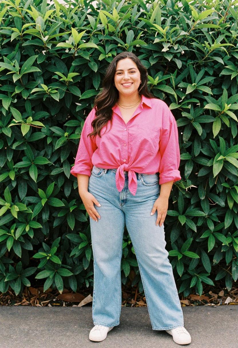 Fuchsia button-down knotted over light-wash straight-leg jeans, confident plus size spring casual look