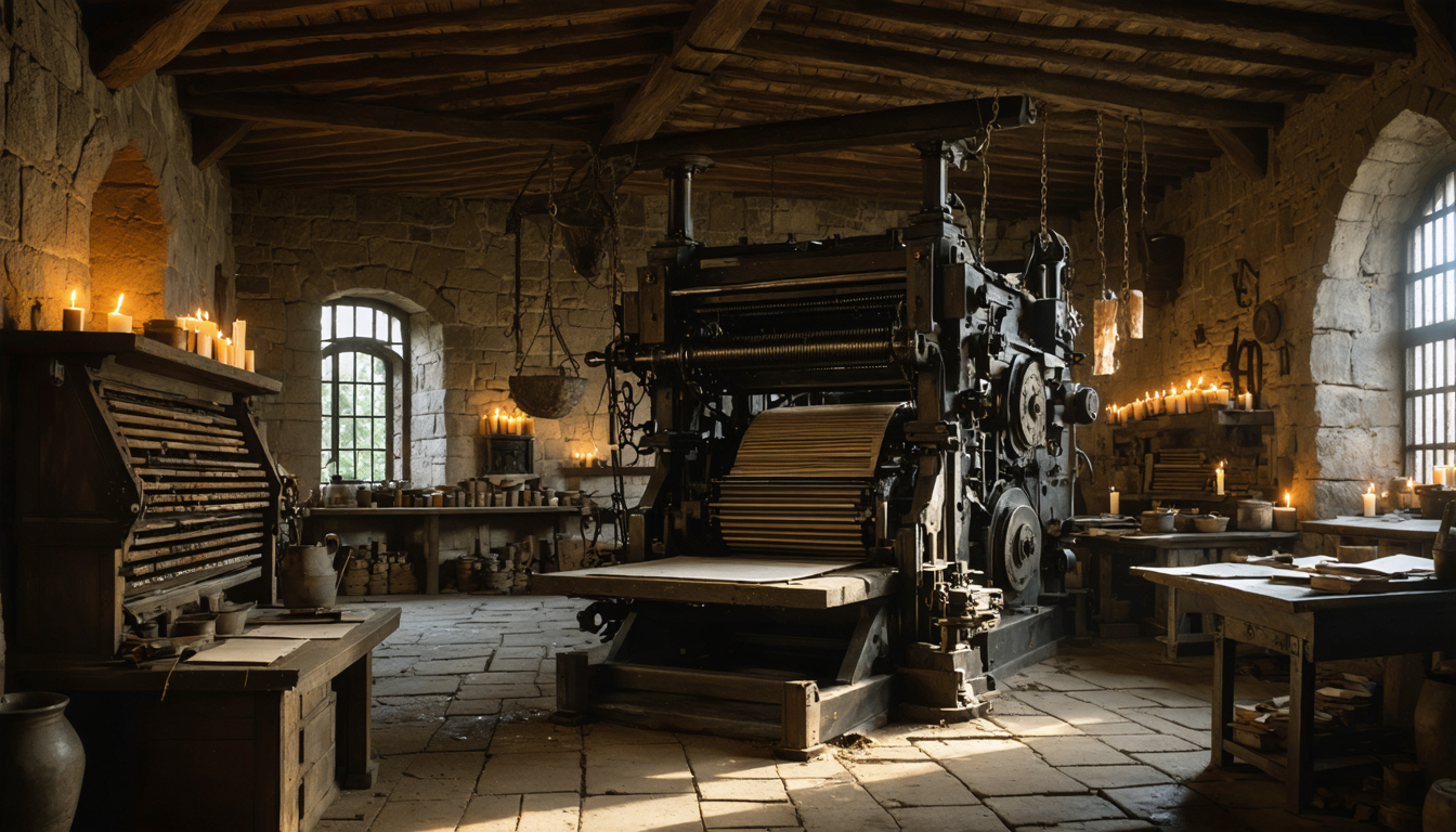 A dim monastic scriptorium with an early printing press, ink-stained wooden type, and stacked printed pages catching low candlelight.
