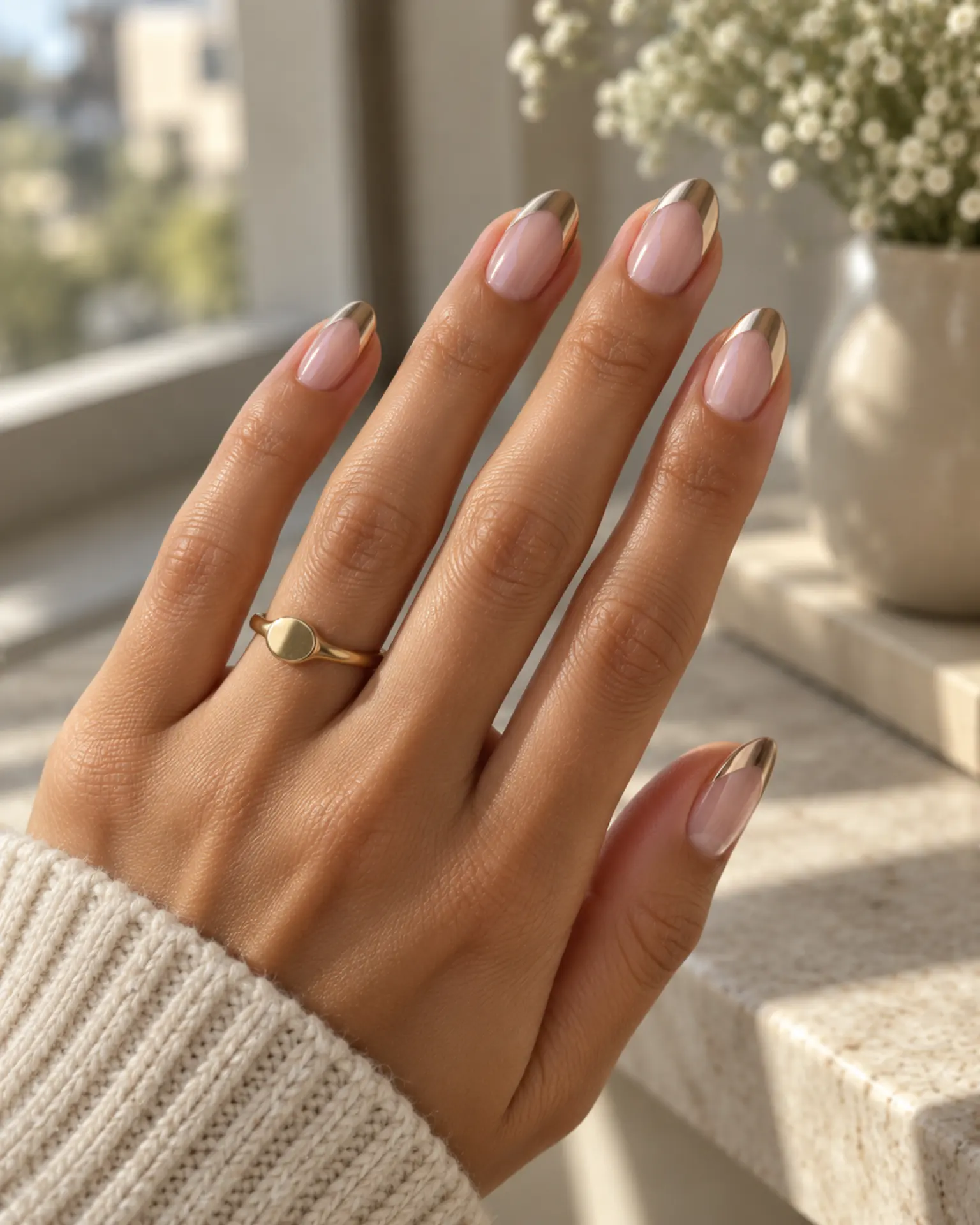 Chrome Side-French Sweep manicure inspiration for chrome nail ideas