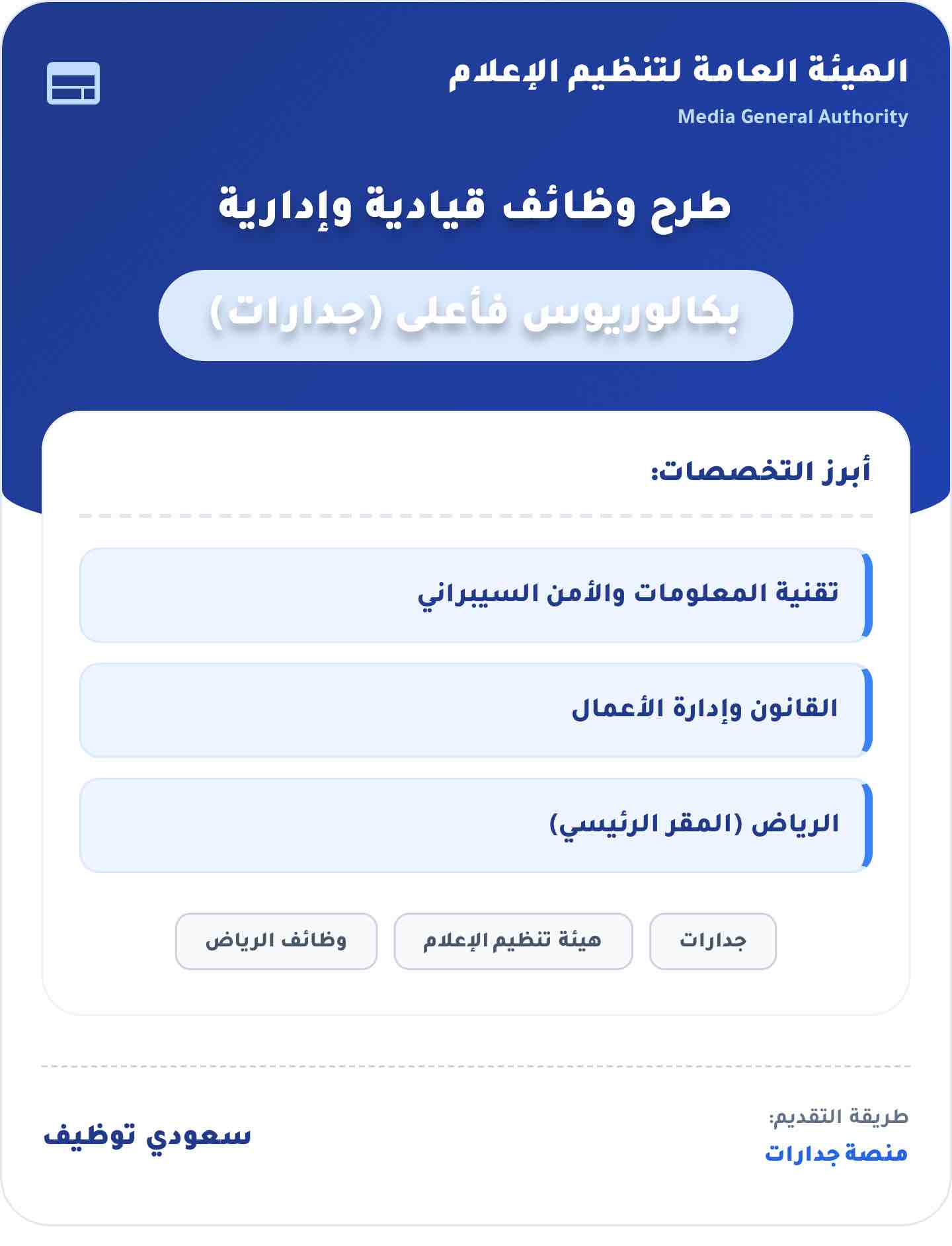 وظائف الهيئة العامة لتنظيم الإعلام 2026 بالرياض — عبر جدارات