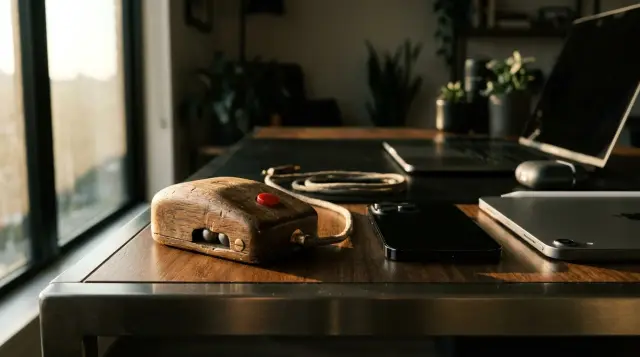 Vintage wooden computer mouse alongside modern tech gadgets on sleek desk, warm editorial lighting