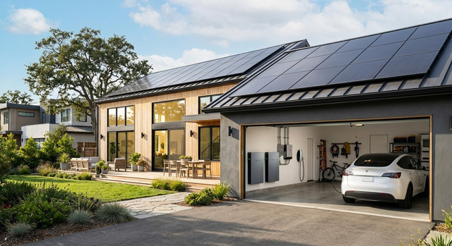 A modern home with solar panels and an elegant battery storage unit in the garage, representing a key benefit of battery storage systems.