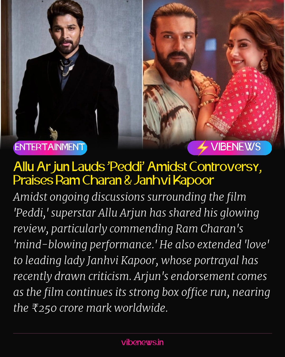Allu Arjun Lauds 'Peddi' Amidst Controversy, Praises Ram Charan & Janhvi Kapoor