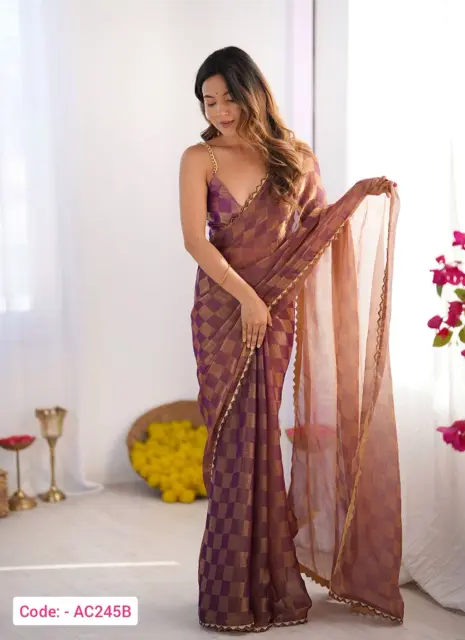 Party Wear Wine Embroidery Chiffon Saree