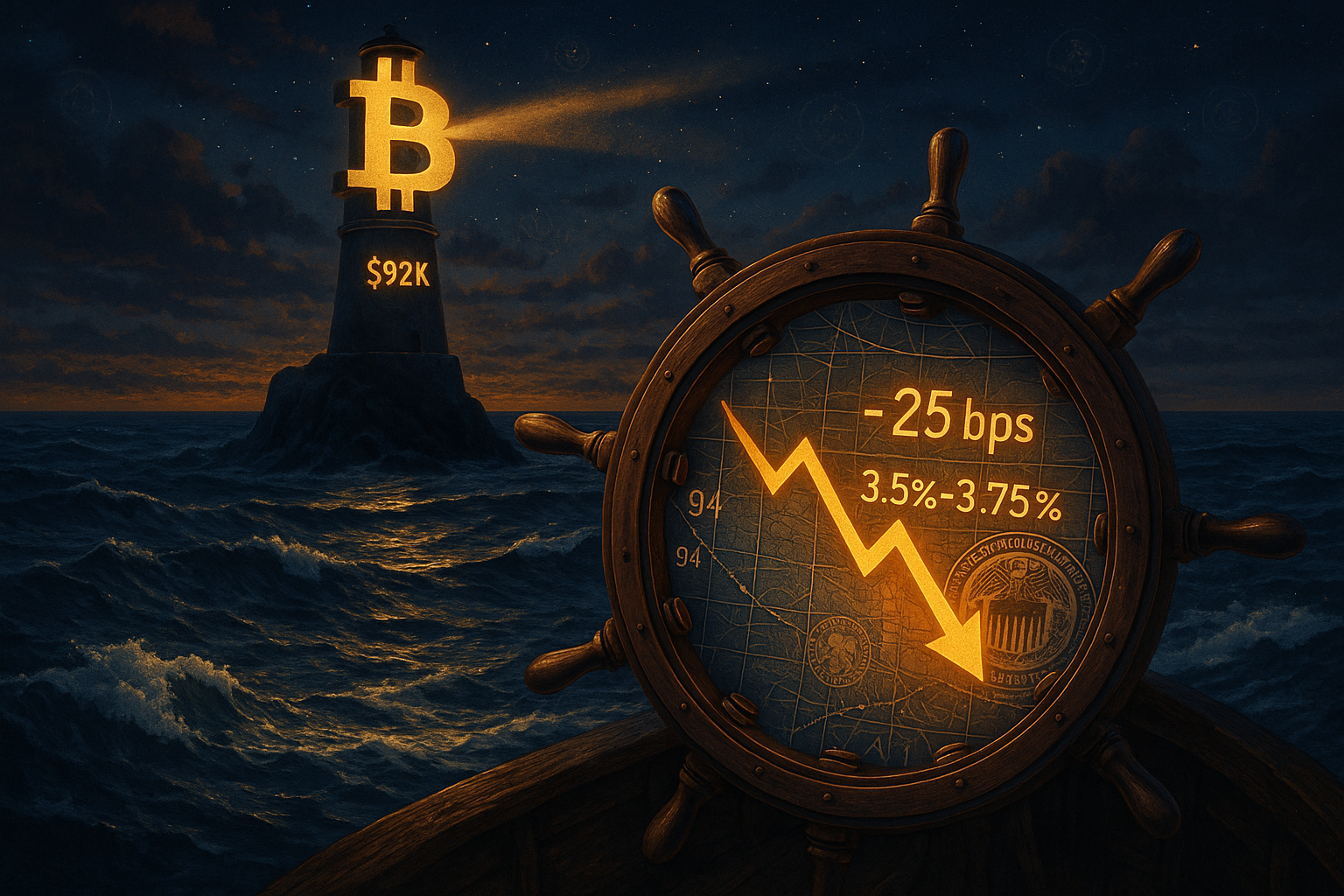 Federal Reserve rate cut announcement with Bitcoin price chart showing stability near $92,000