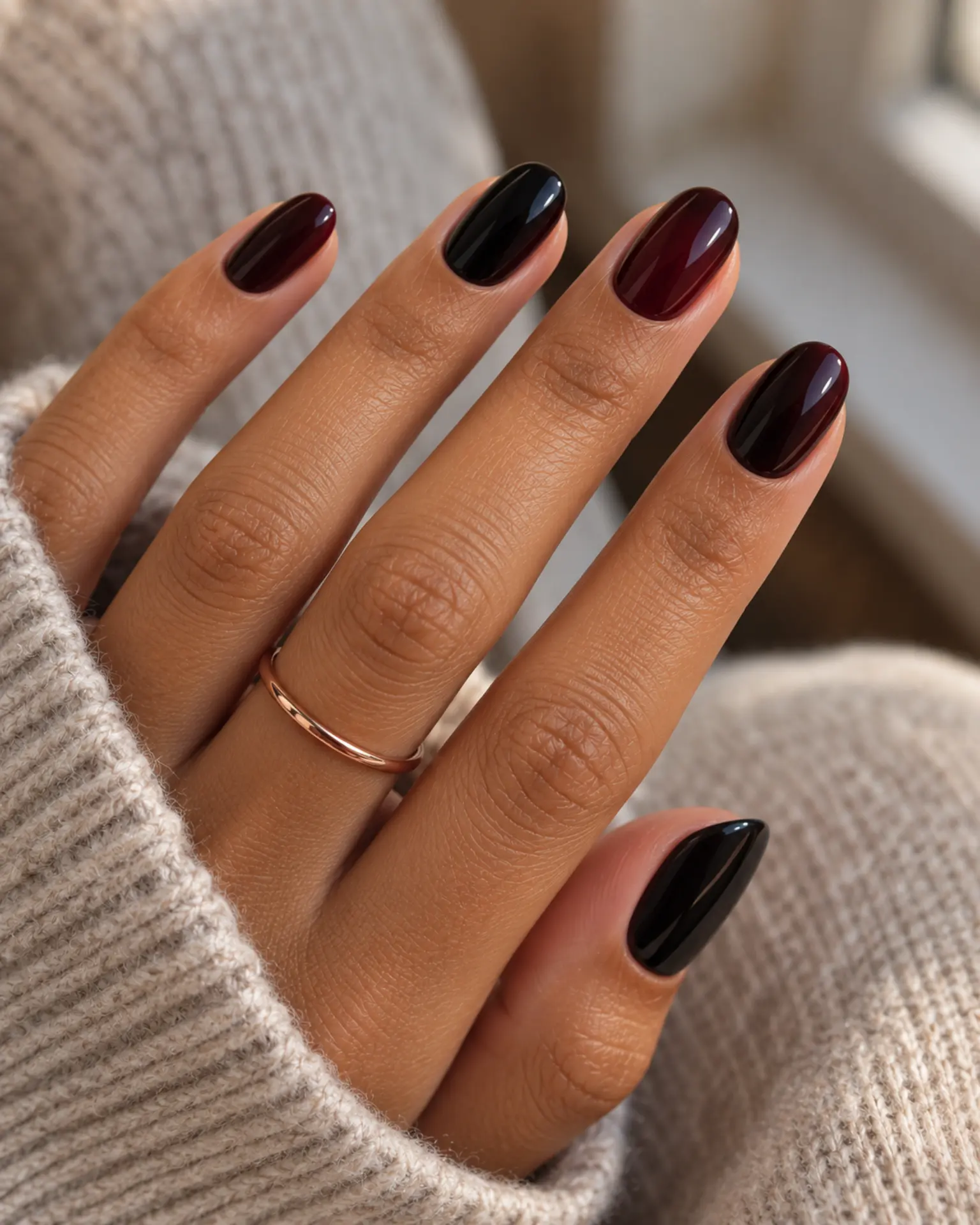 Jet Black to Black Cherry Tonal Mix manicure inspiration for black nail ideas