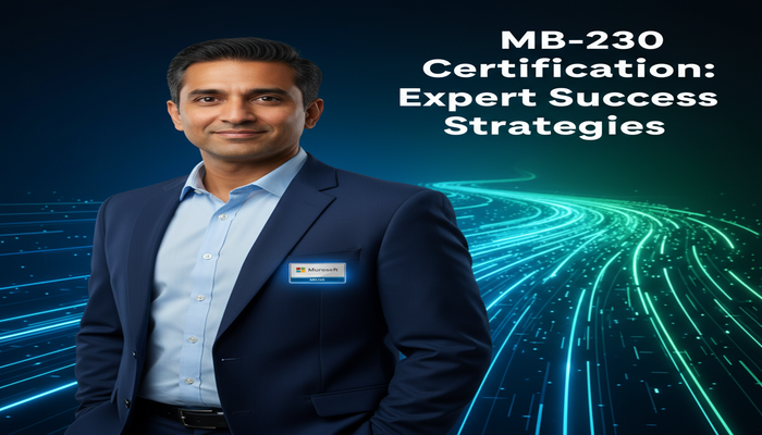 MB-230 Certification: Expert Success Strategies A confident professional, looking forward, with a glowing Microsoft MB-230 certification badge integrated into a sophisticated digital background of flowing blue and green light trails, symbolizing a clear path to success and expertise in Dynamics 365 Customer Service. Text: MB-230 Certification: Expert Success Strategies.