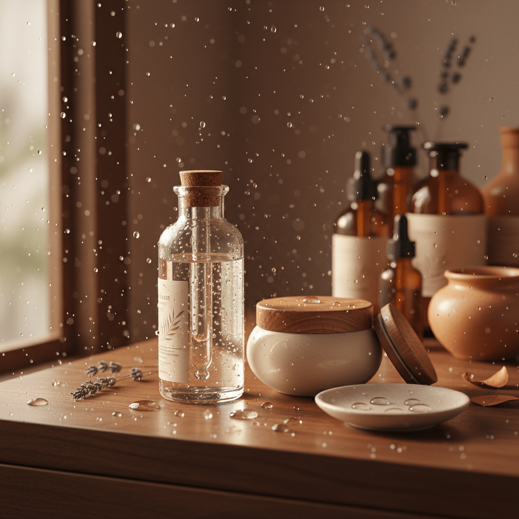 A clean skincare vanity with glycerine serum bottle, moisturizer, and water droplets