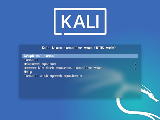 Kali Linux graphical install screen