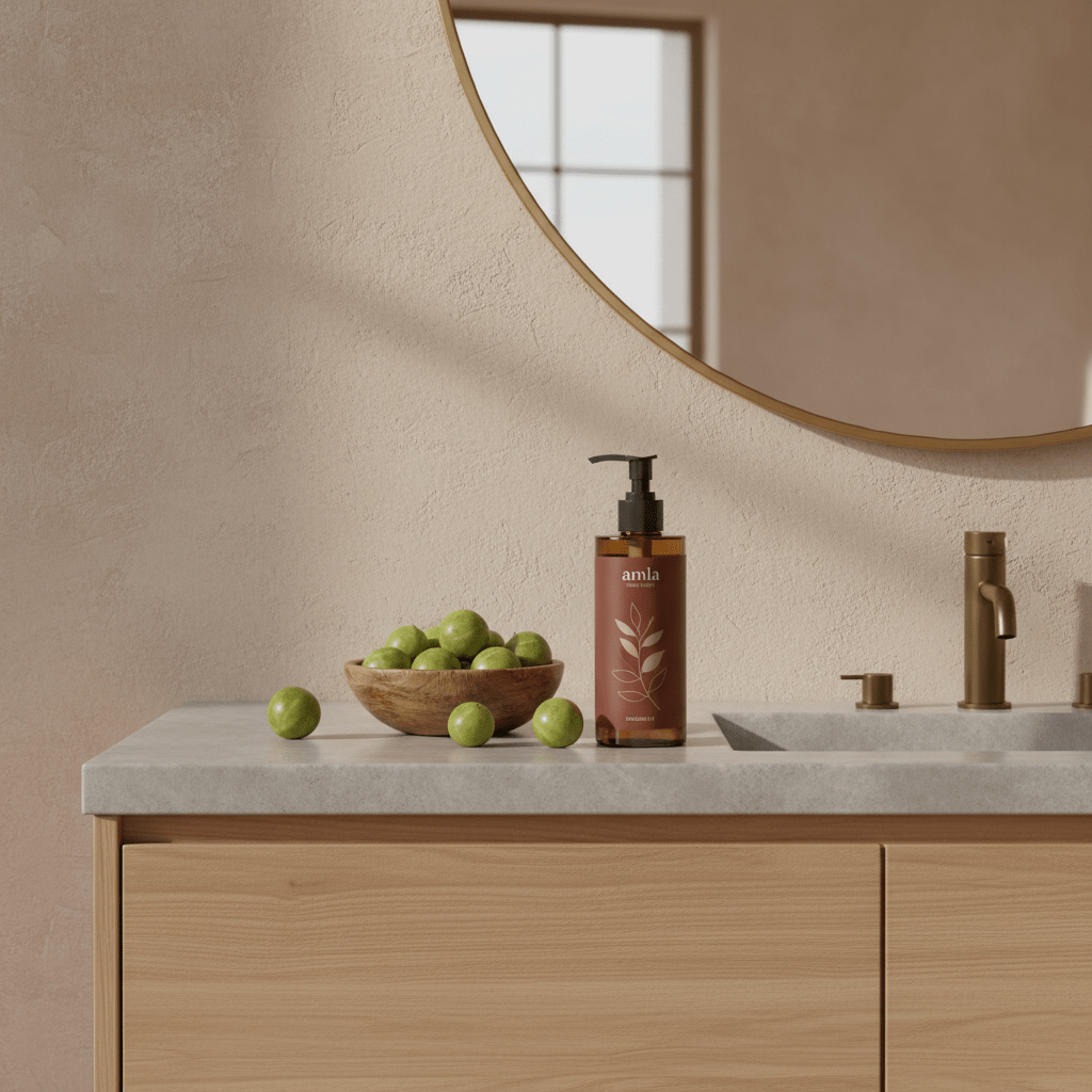 Modern amla hair oil bottle with fresh Indian gooseberries on a vanity