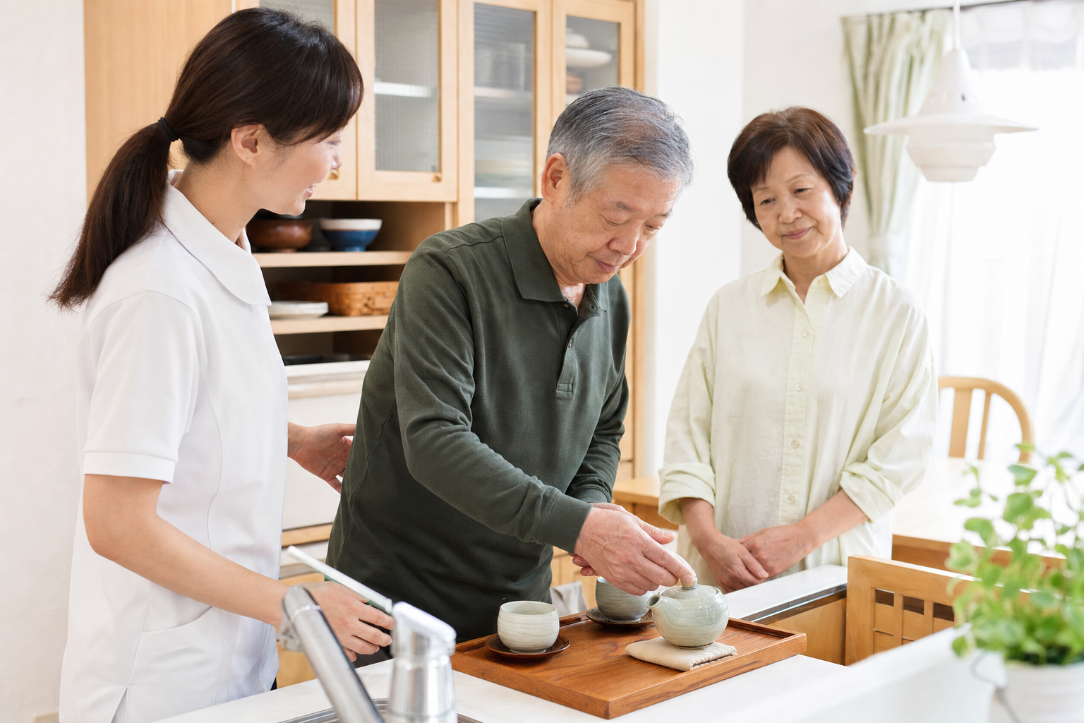 自宅で生活動作を確認しながら支援するリハビリ場面