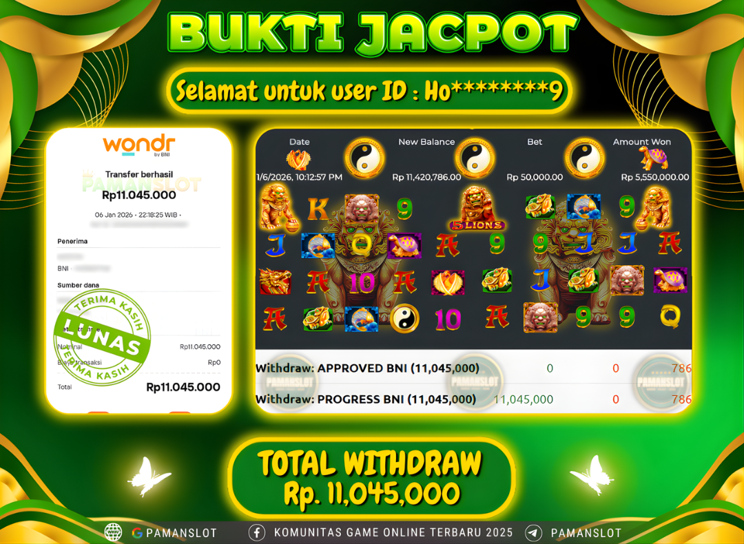 PAMANSLOT JACKPOT Game PP - 5 Lions Rp.11,045,000- LUNAS