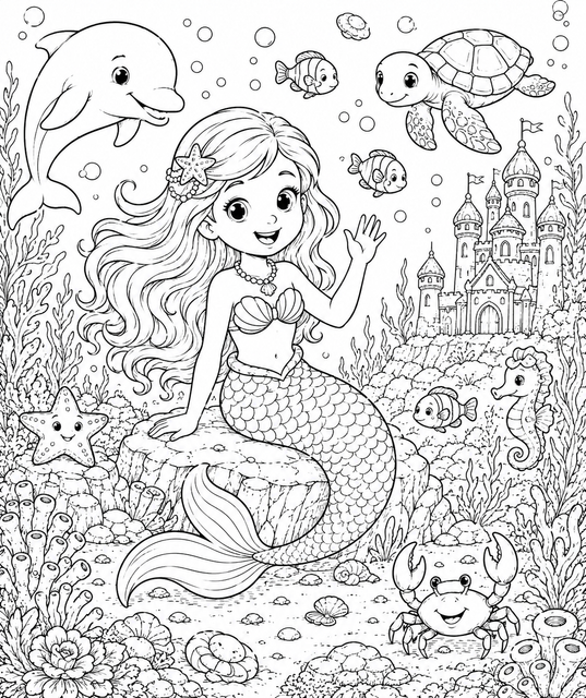 Printable Magical Mermaid Underwater Adventure colouring page for kids