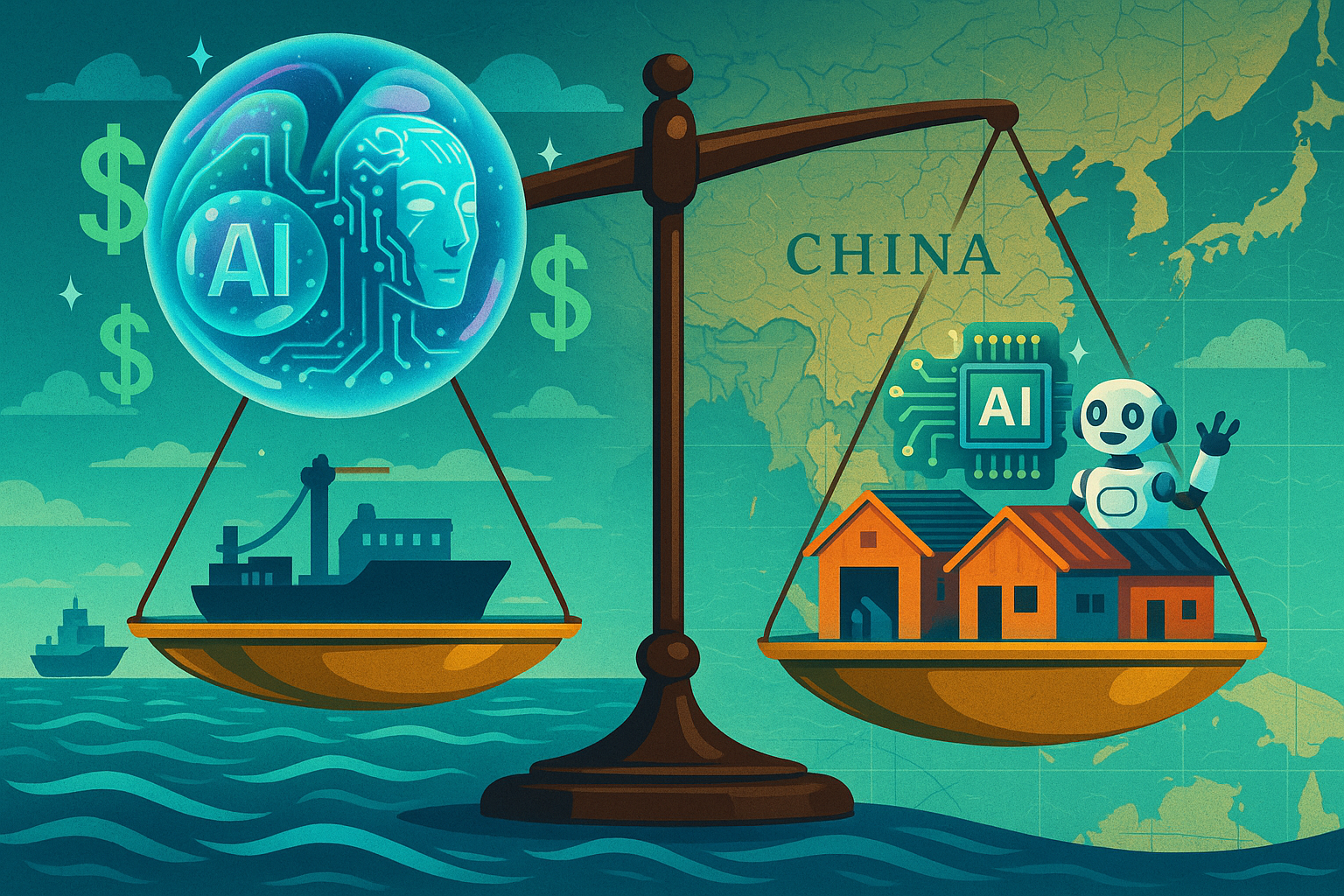 Conceptual image of global AI investments contrasting U.S. and Chinese tech sectors
