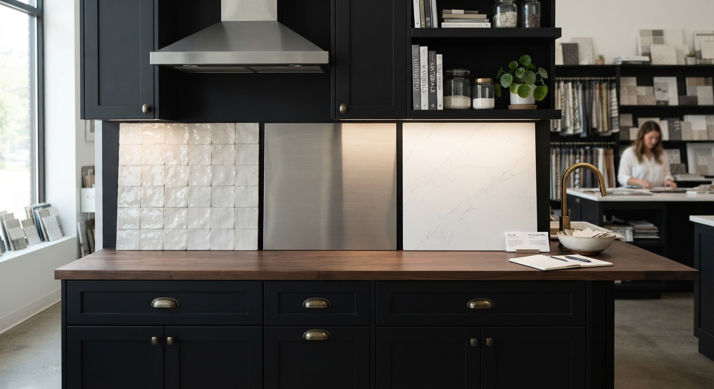Comparaison de matériaux de crédence pour cuisine noire : zelliges, inox et quartz
