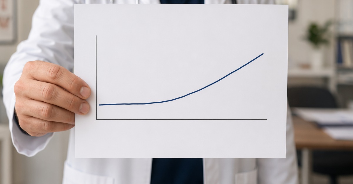 A physician's hand holding a printed chart showing a weight regain curve over 12 months following GLP-1 discontinuation — the STEP-4 trial finding visualised: two-thirds of lost weight regained within one year when the medication stops without a transition plan A physician's hand holding a printed chart showing a weight regain curve over 12 months following GLP-1 discontinuation — the STEP-4 trial finding visualised: two-thirds of lost weight regained within one year when the medication stops without a transition plan