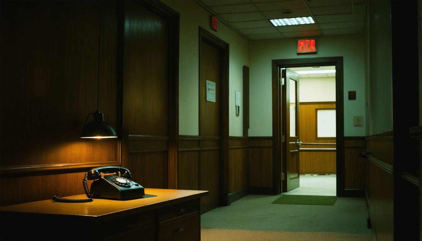 An empty government office at night with an open door, a desk phone off the hook, dust in a shaft of light.