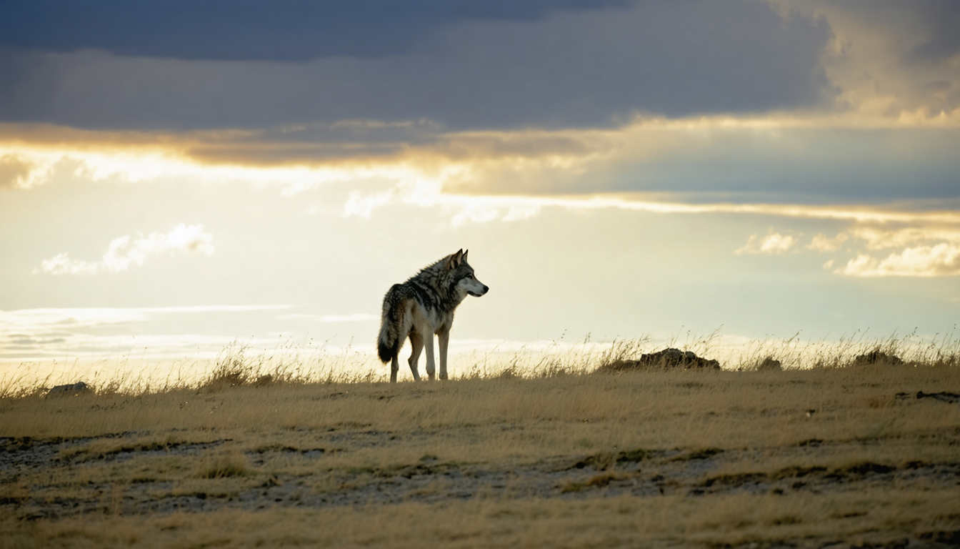 A lone wolf standing at the edge of a windswept grassland at dusk, watching, muscles still, a storm gathering behind it.
