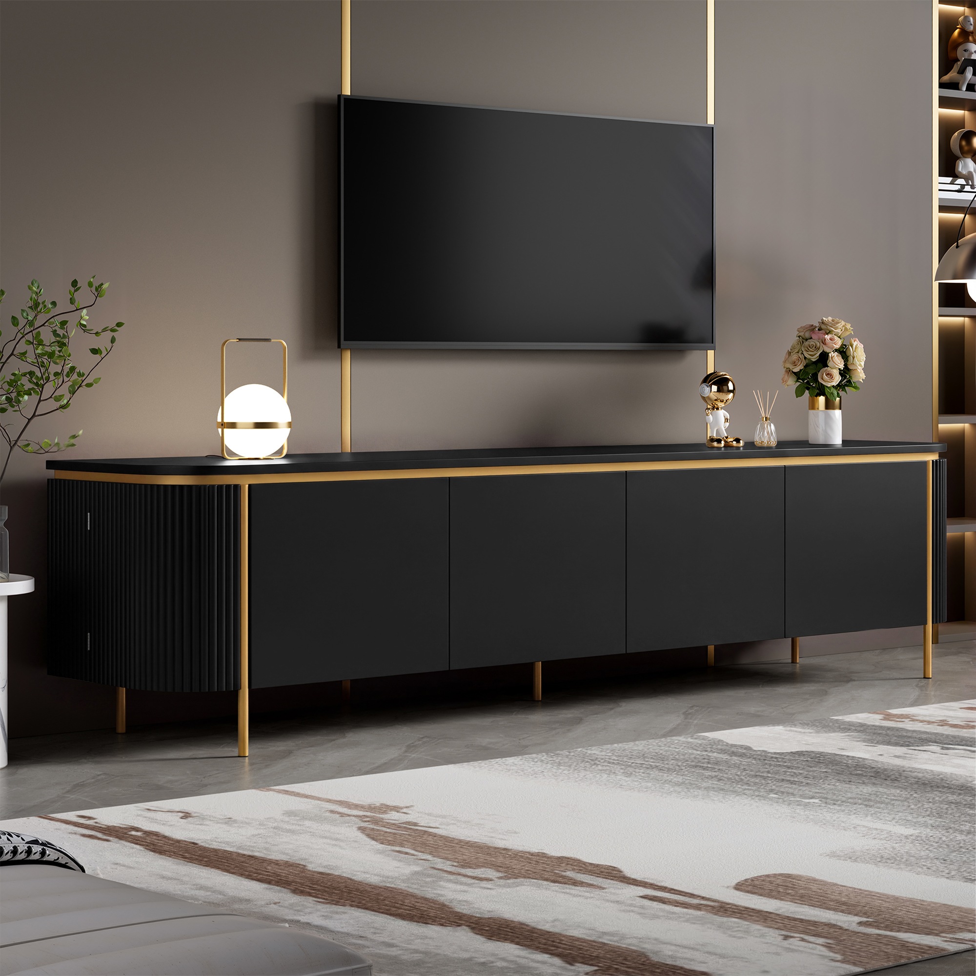 Meuble TV Noir, 1 Porte, Rangement, Gestion des Câbles, Design Moderne, Angles Arrondis, Façade Texturée - 180x38x46cm - Salon 3