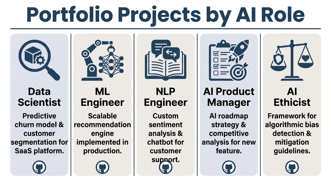 Portfolio projects by AI role — icon grid showing recommended hands-on projects for Data Scientist, ML Engineer, NLP Engineer, AI Product Manager, and AI Ethicist career paths