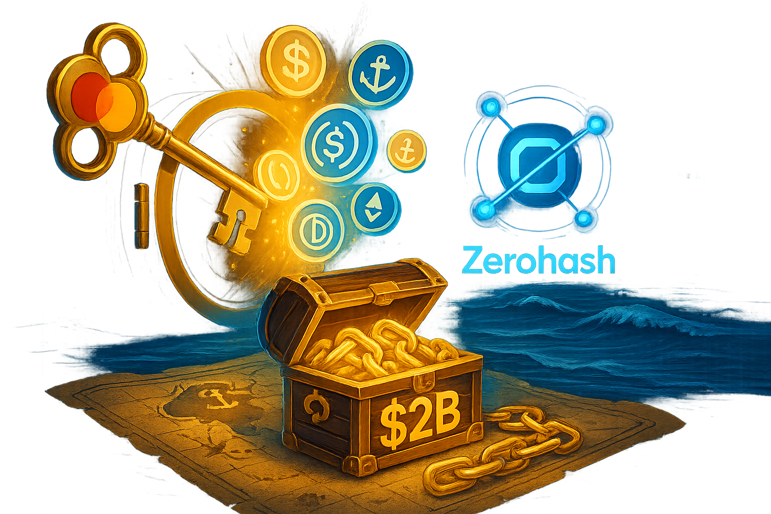 Illustration of Mastercard's potential acquisition of Zerohash in the stablecoin space