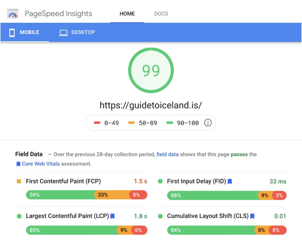 Google PageSpeed Insights report displaying mobile and desktop performance scores, Largest Contentful Paint measurement, Cumulative Layout Shift metric, and Core Web Vitals data for website speed optimization