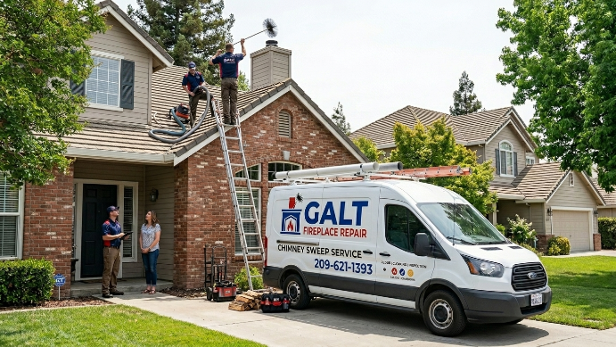 Fireplace repair technician inspecting chimney in Galt CA