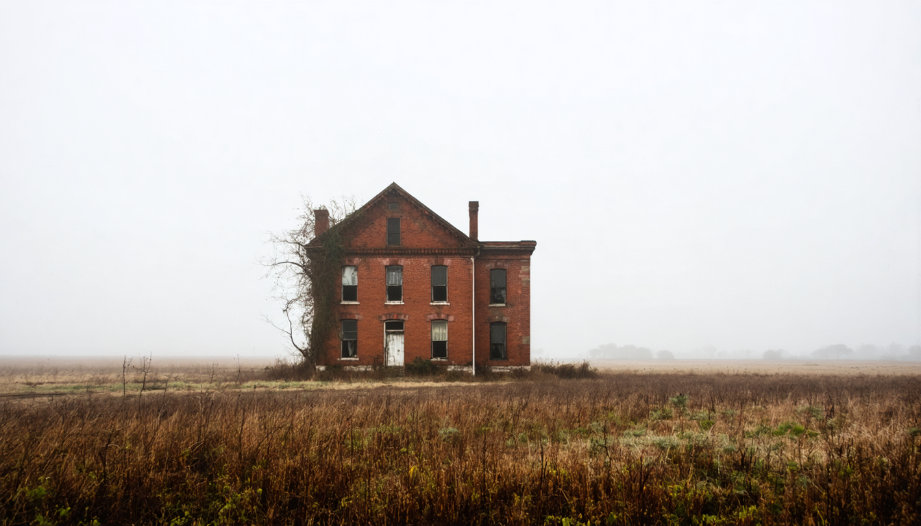 A crumbling communal hall stands alone in fog, as though waiting for a verdict that was delivered before it could speak.