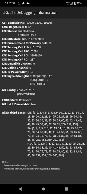 5G & LTE Debugging Information