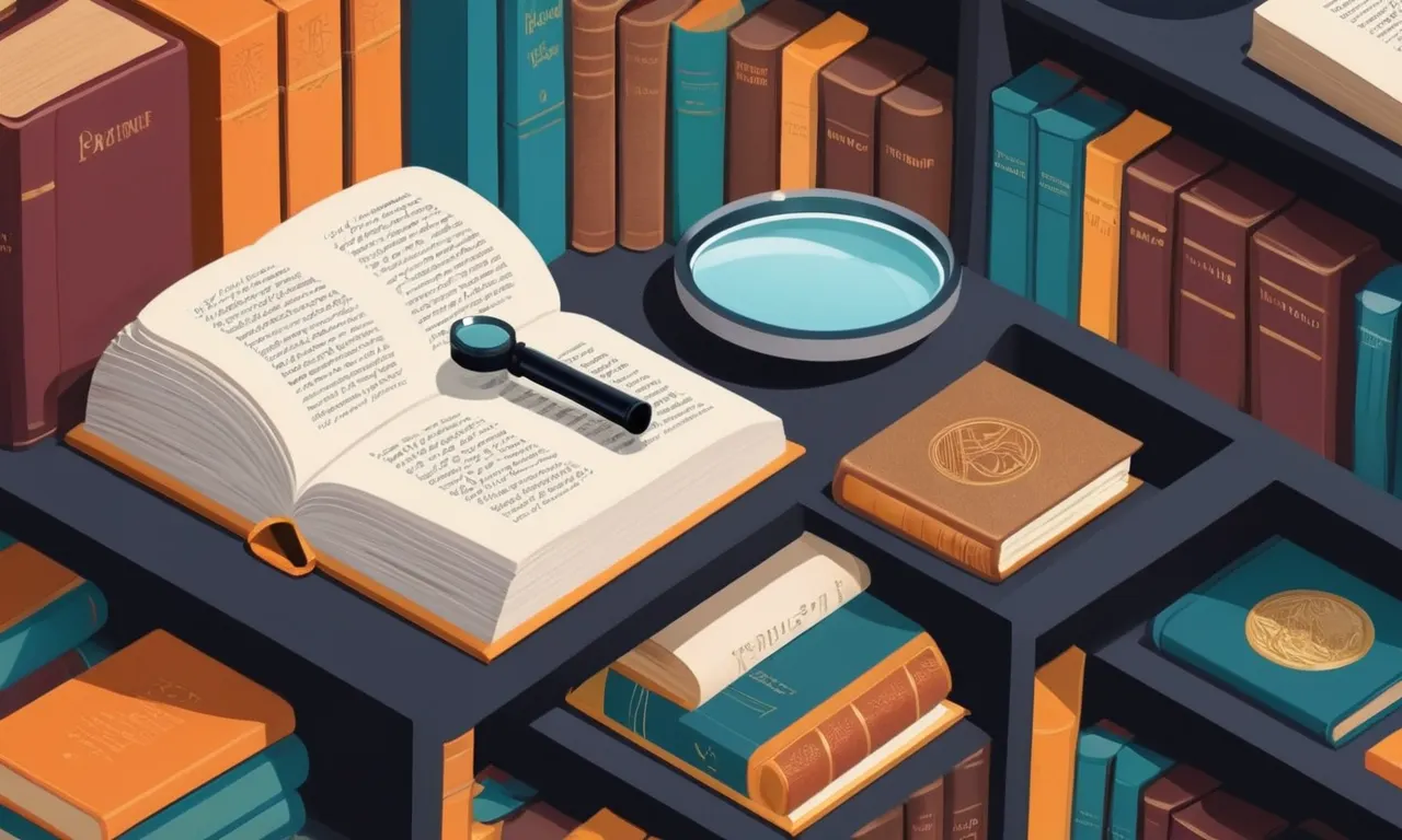 Una estantería llena de obras literarias, con una lupa que examina las páginas.