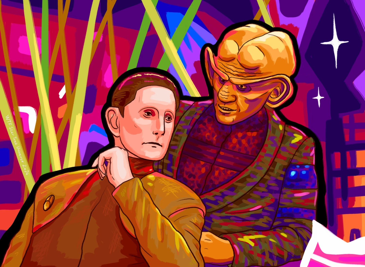 A digital drawing of Odo and Quark from the chest up in vivid colours. Odo is leaning back towards Quark and Quark looks surprised, the background is abstract and colourful, inspired by Quark’s bar.