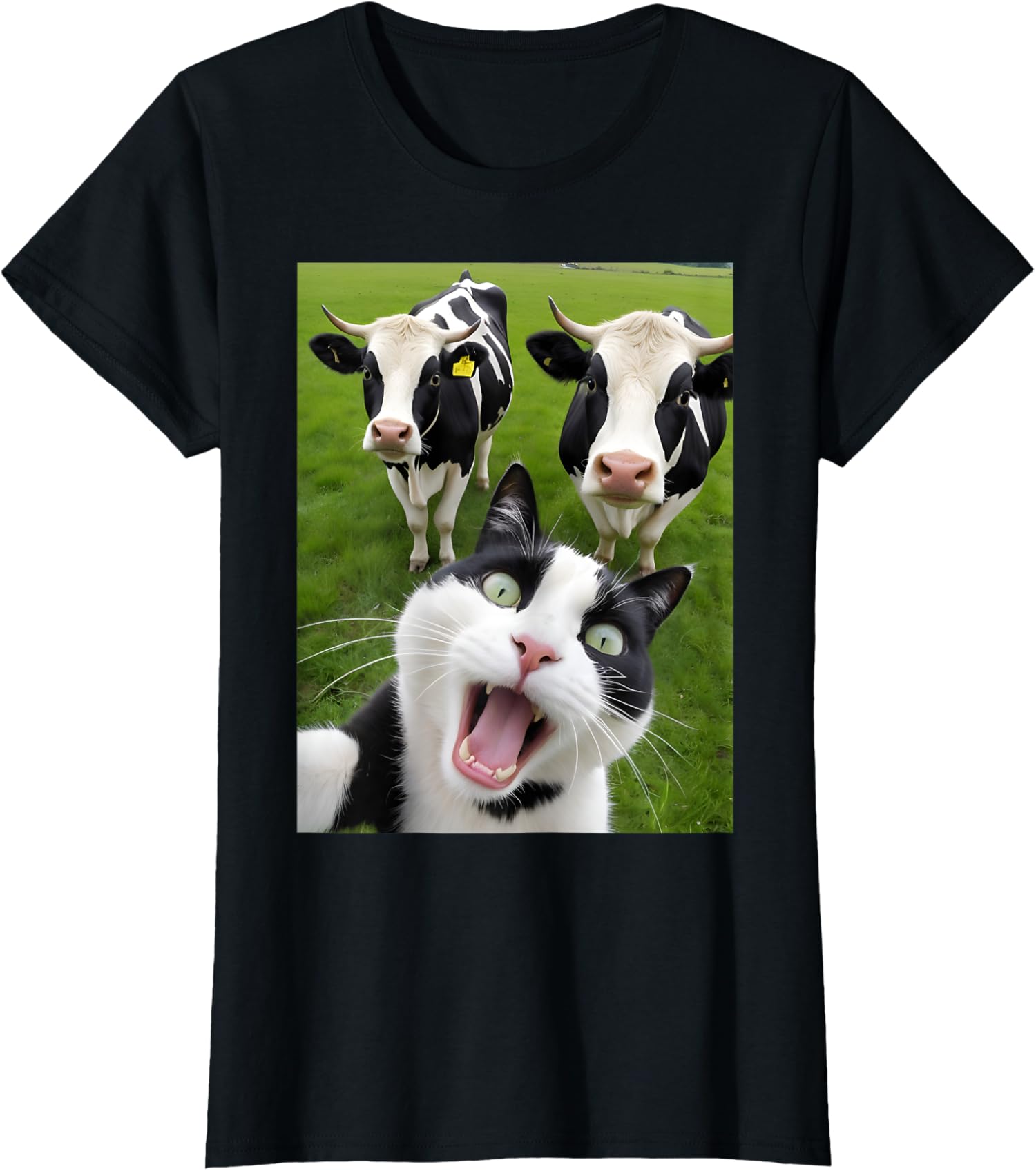 Funny Cat Cows Selfie Lover Animals Design Ladies’ Crewneck T-Shirt