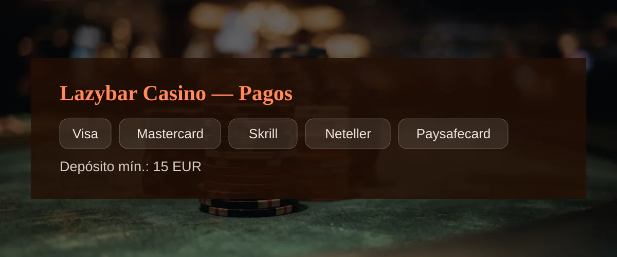 Lazybar Casino — Pagos: Visa, Mastercard, Skrill, Neteller, Paysafecard