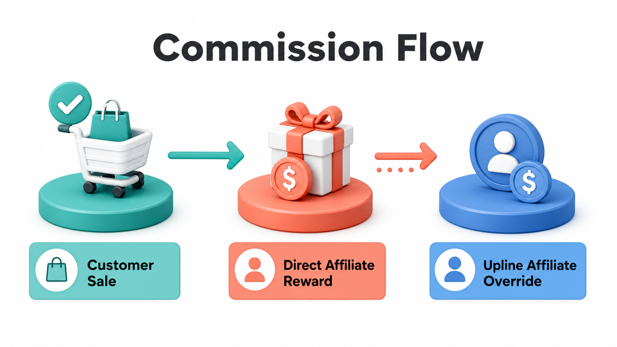 Commission flow from customer sale to direct affiliate reward and upline override