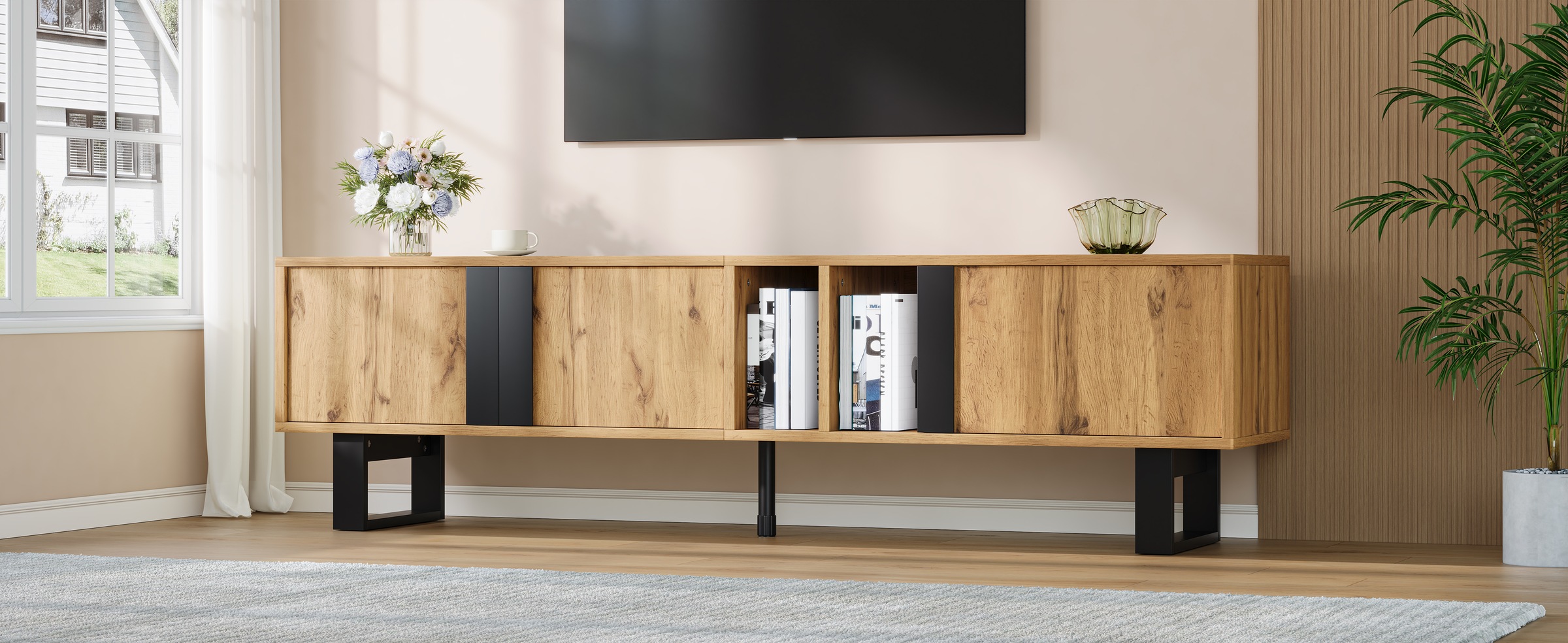 Meuble TV Naturel, 2 Portes, Rangement, Gestion des Câbles, Fermeture Douce, Structure Robuste - 160x40x50cm - Salon 1