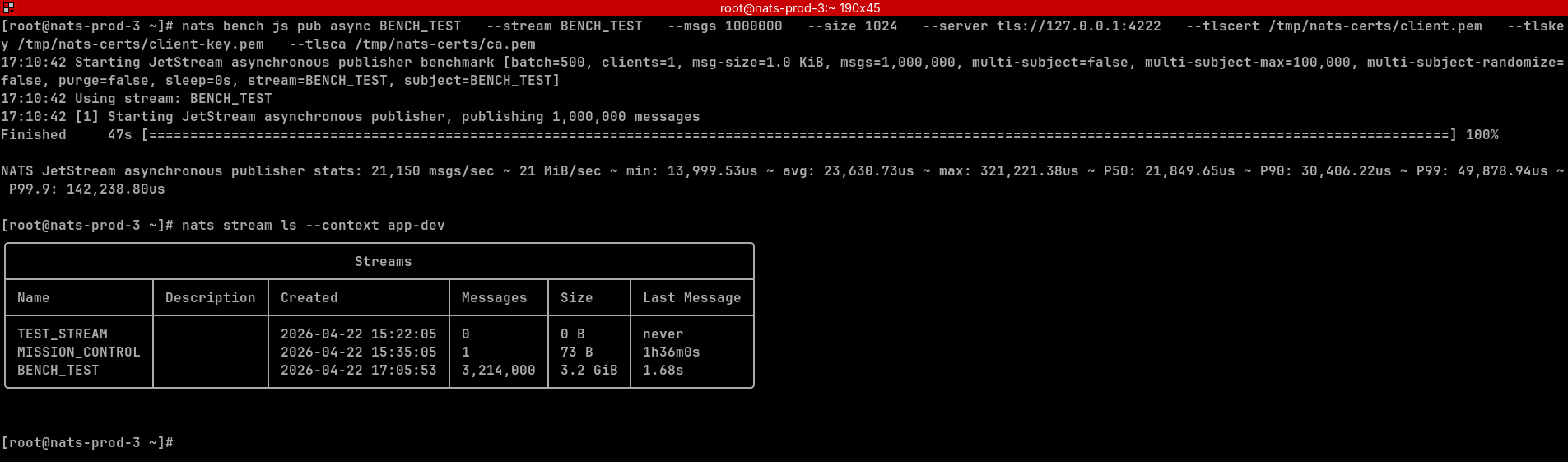 NATS Bench Test NATS CLI benchmark throughput test and latency stats