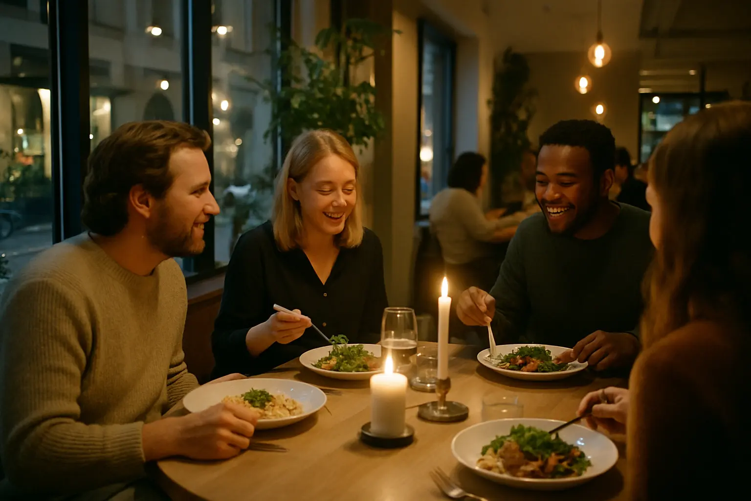 Glade gæster nyder mad i en hyggelig restaurant med levende lys