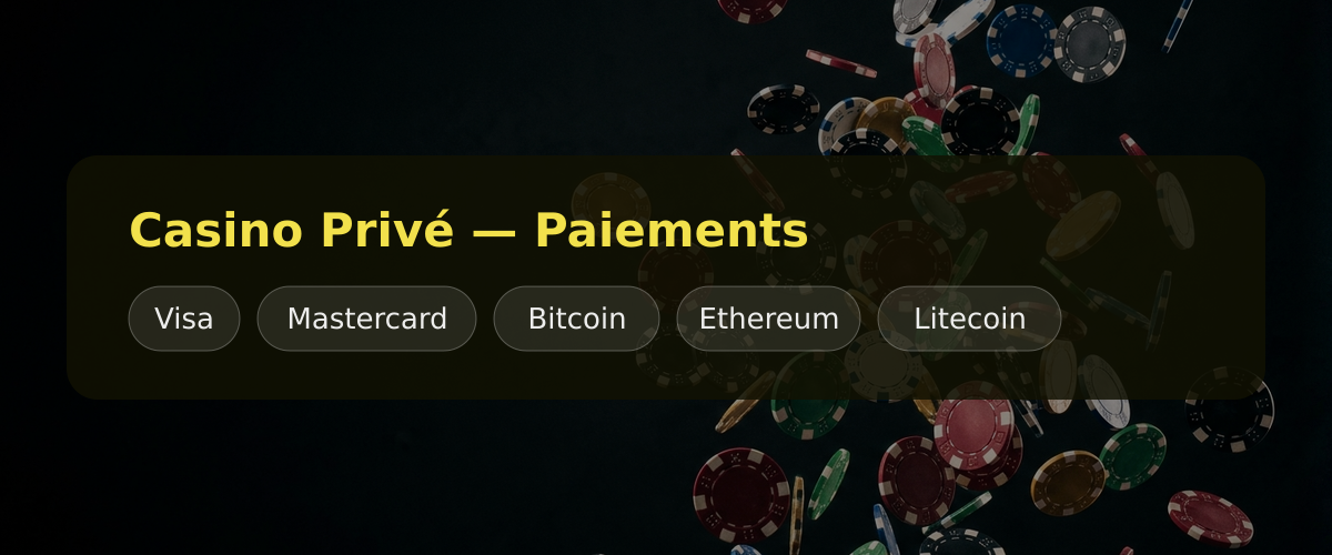 Casino Privé — Paiements: Visa, Mastercard, Bitcoin, Ethereum, Litecoin