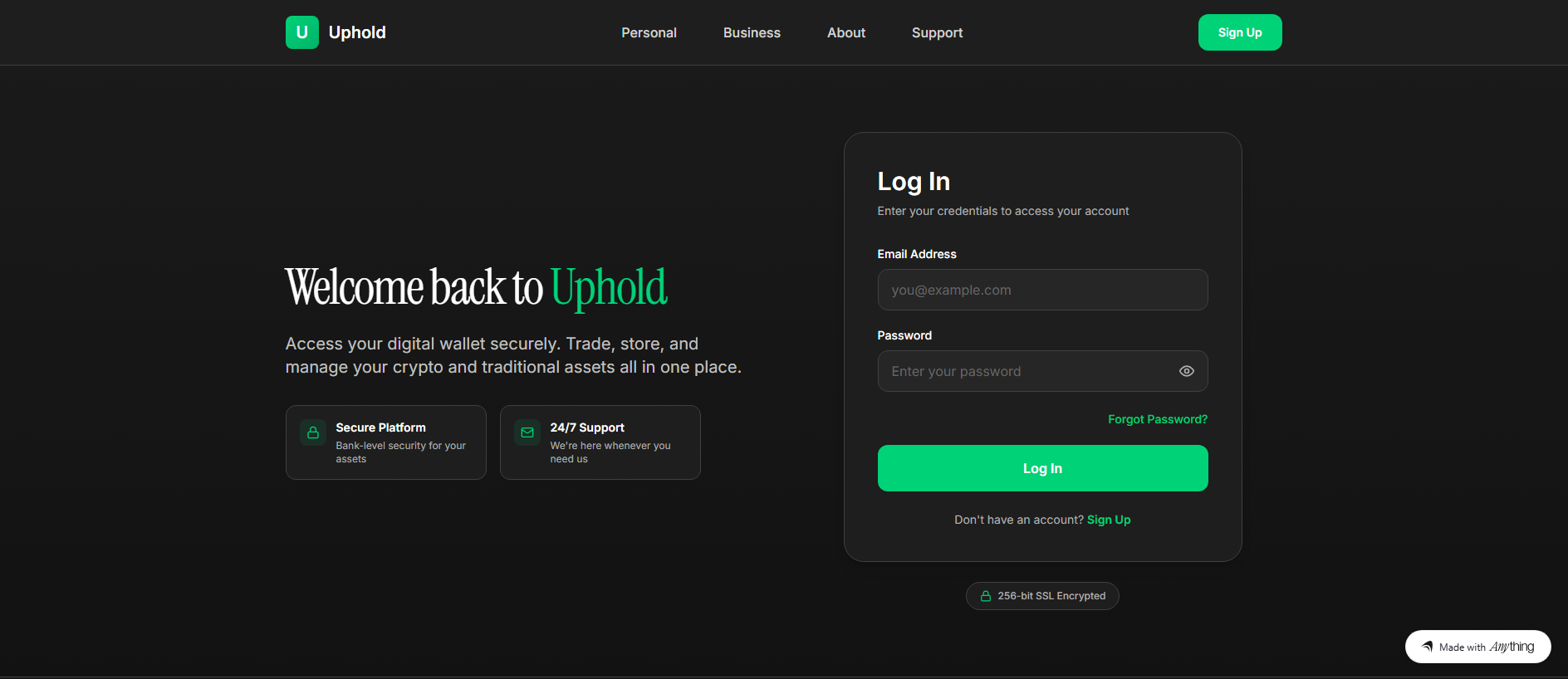 Forensic screenshot of upholld-web-en.created.app showing the phishing page layout