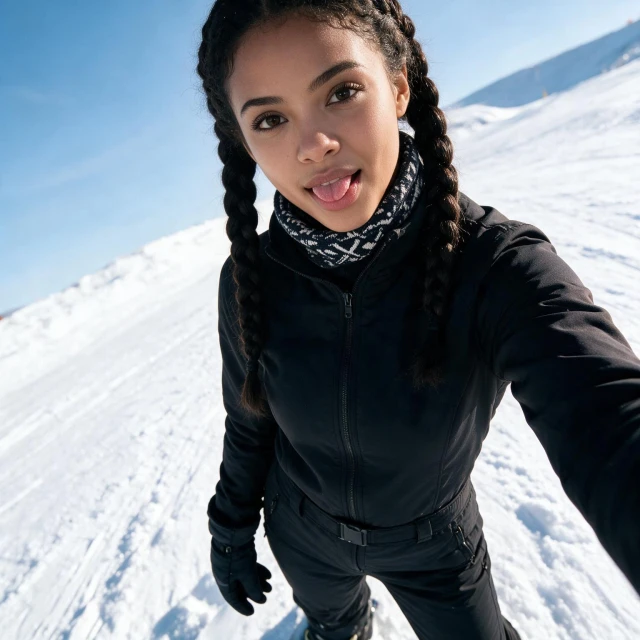 A girl with two neat braids framing the face and natural makeup, wearing a fitted zip-up jacket, insulated snow pants, gloves, and a patterned neck gaiter, taking a selfie on a snowy ski slope, playful expression with tongue slightly out, confident and fun energy, bright daylight reflecting off snow, crisp blue-white winter background, high-angle selfie perspective, sporty lifestyle aesthetic, natural makeup, sharp focus, realistic lighting, high detail, modern action photography style.