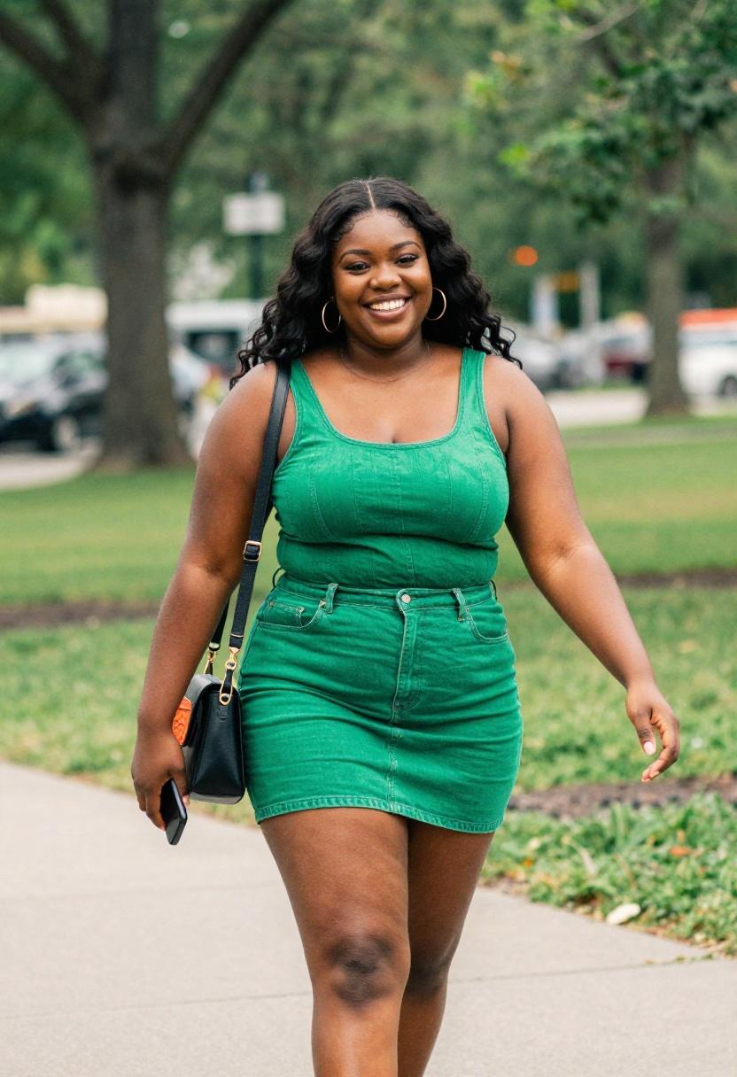 Plus size woman in emerald green denim mini skirt on casual park walk radiating spring confidence