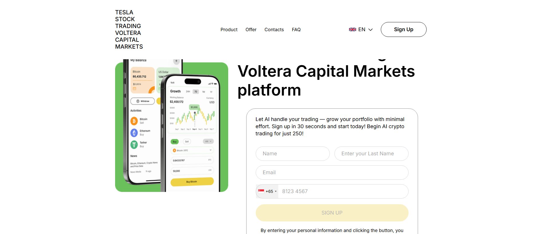 Forensic screenshot of tesla-stock-trading-voltera-capital-markets.sbs showing the phishing page layout