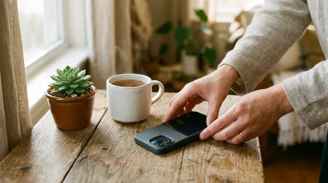 Hands placing smartphone face-down on wooden table beside tea mug, calm morning light